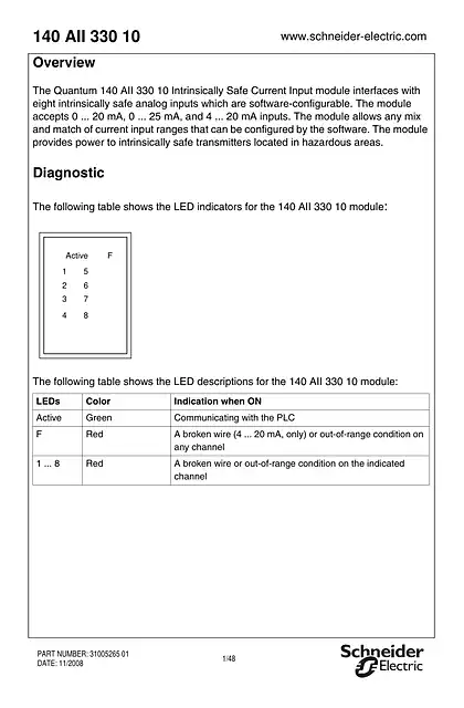 schneider施耐德140AII33010 Intrinsically Safe Current Input Module
